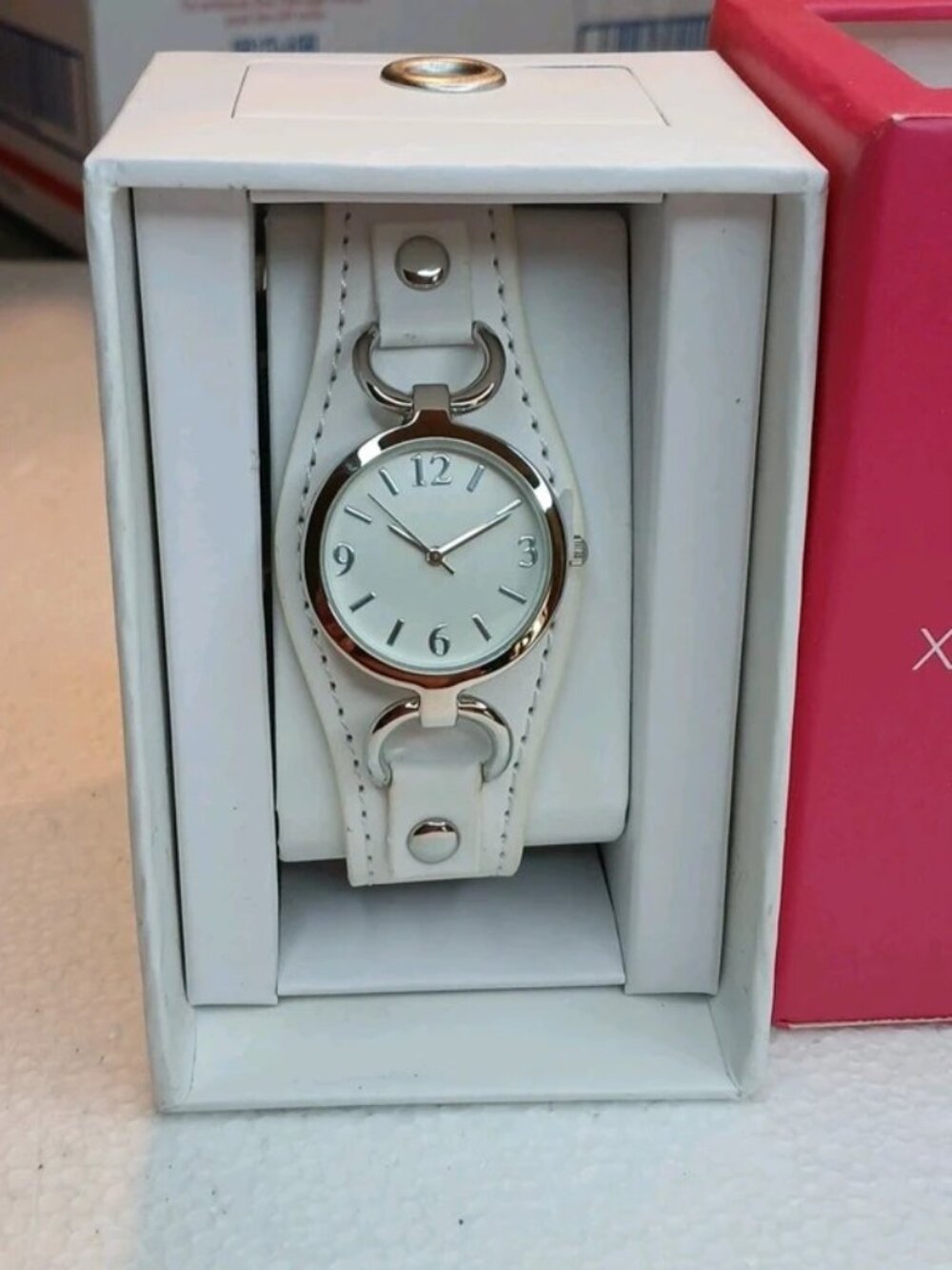Xhilaration White Leather Cuff Wristwatch with Silver Accents